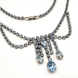 Vintage 1950s Crystal Blue Festoon Choker Necklace with Center Drop Bridal, Prom